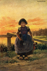 107621 Afbeelding van een meisje in klederdracht te Spakenburg.